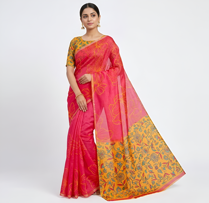 Kalamkari Printed Chanderi Linen Saree with Weaving Border (Bright Red)