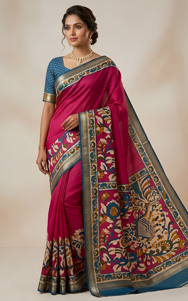 Soft Mul Cotton Kalamkari Pallu Saree with Zari Border (Pink)