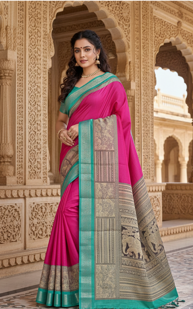 Women's Cotton Silk Plain Saree Having Contrast Weaving Zari Border with Blouse Piece, Saree