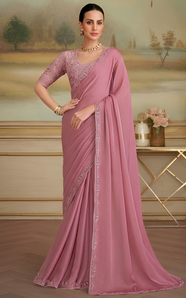 Peach Solid Poly Chiffon Shimmer Saree with Poly Chiffon Blouse