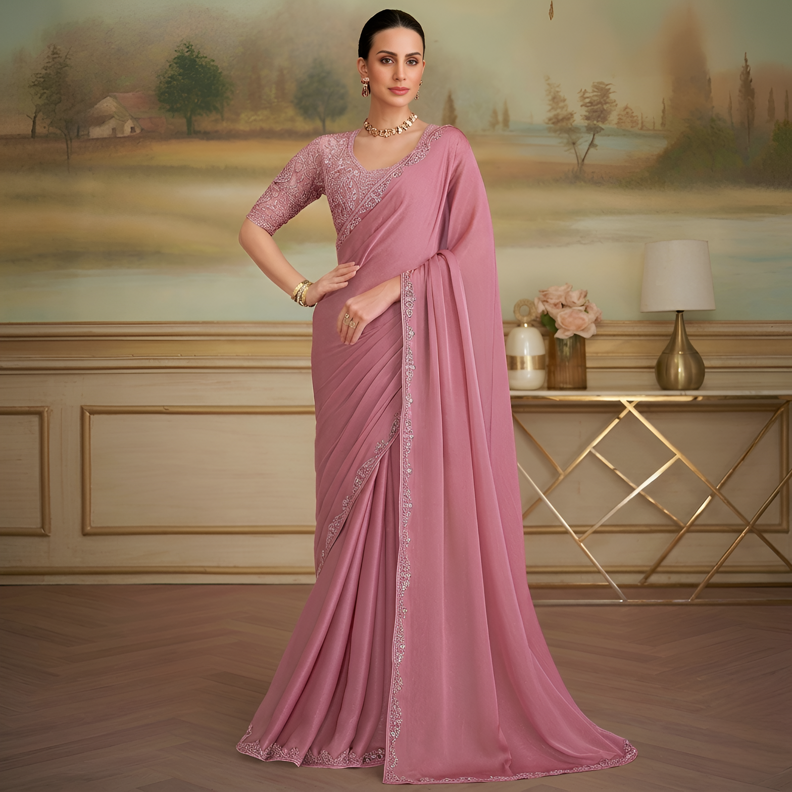 Peach Solid Poly Chiffon Shimmer Saree with Poly Chiffon Blouse