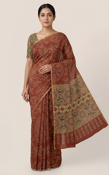 Ajrakh Kalamkari Zari Border Chanderi Saree (Rusty Maroon)