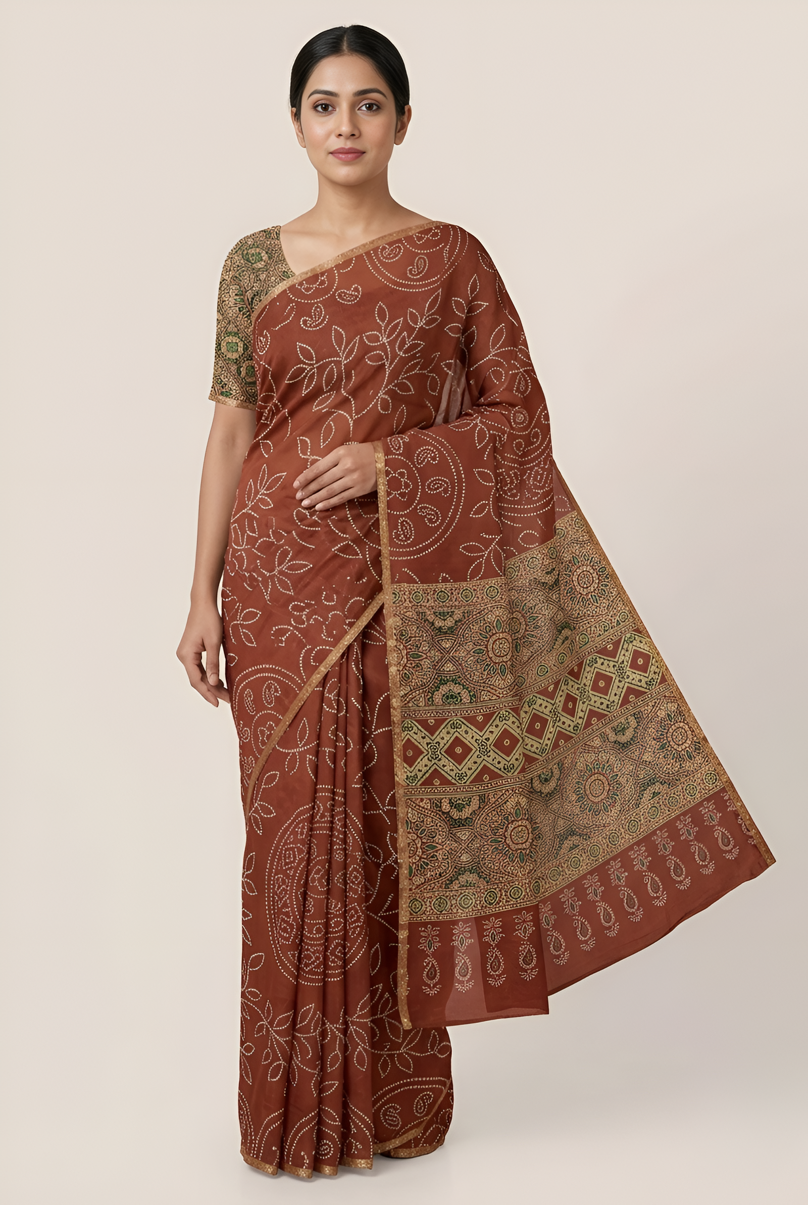 Ajrakh Kalamkari Zari Border Chanderi Saree (Rusty Maroon)