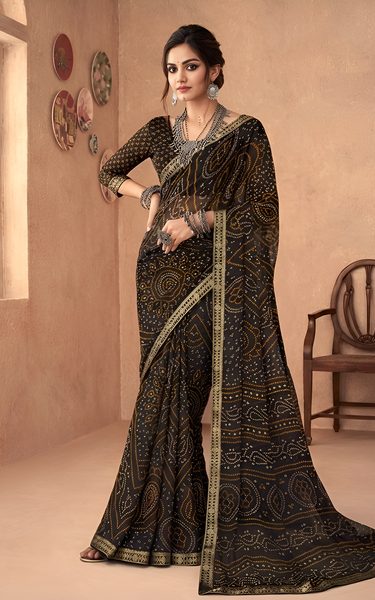 Chiffon Geometric Lace Saree Black Party Wear with Blouse Piece