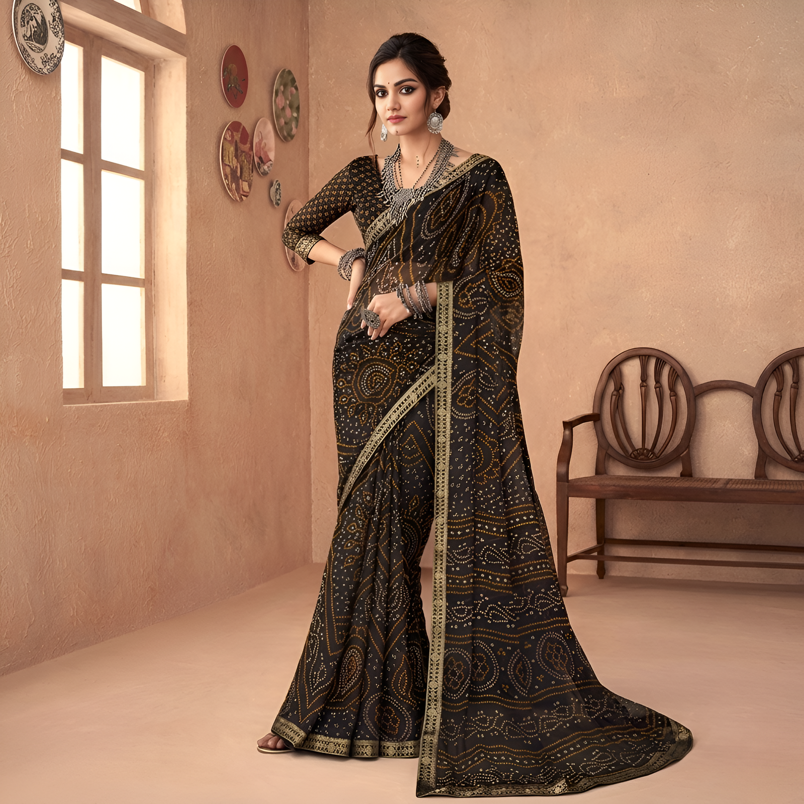 Bandhani Print Chiffon Georgette Saree with Attached Border (Black)