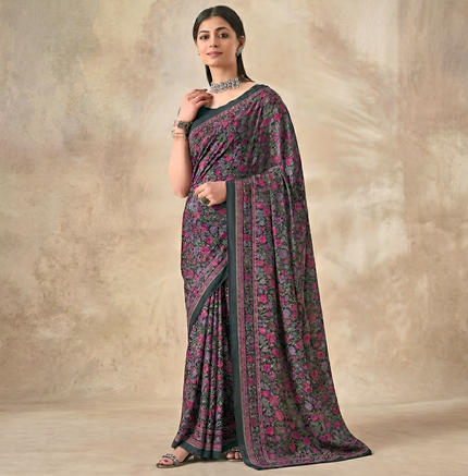 Flower Multi-Coloured Printed, Pure Italian Crape Saree (Rust)