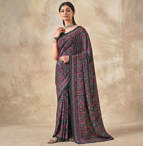 Flower Multi-Coloured Printed, Pure Italian Crape Saree (Rust)