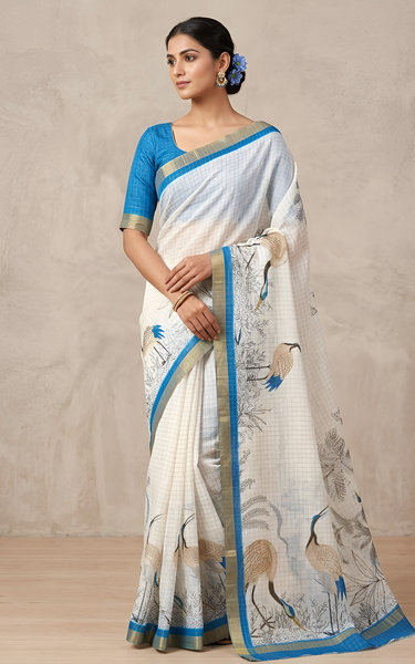 Pure Linen Zari Chex Weaving Duck Print Saree (Off-white & Blue)