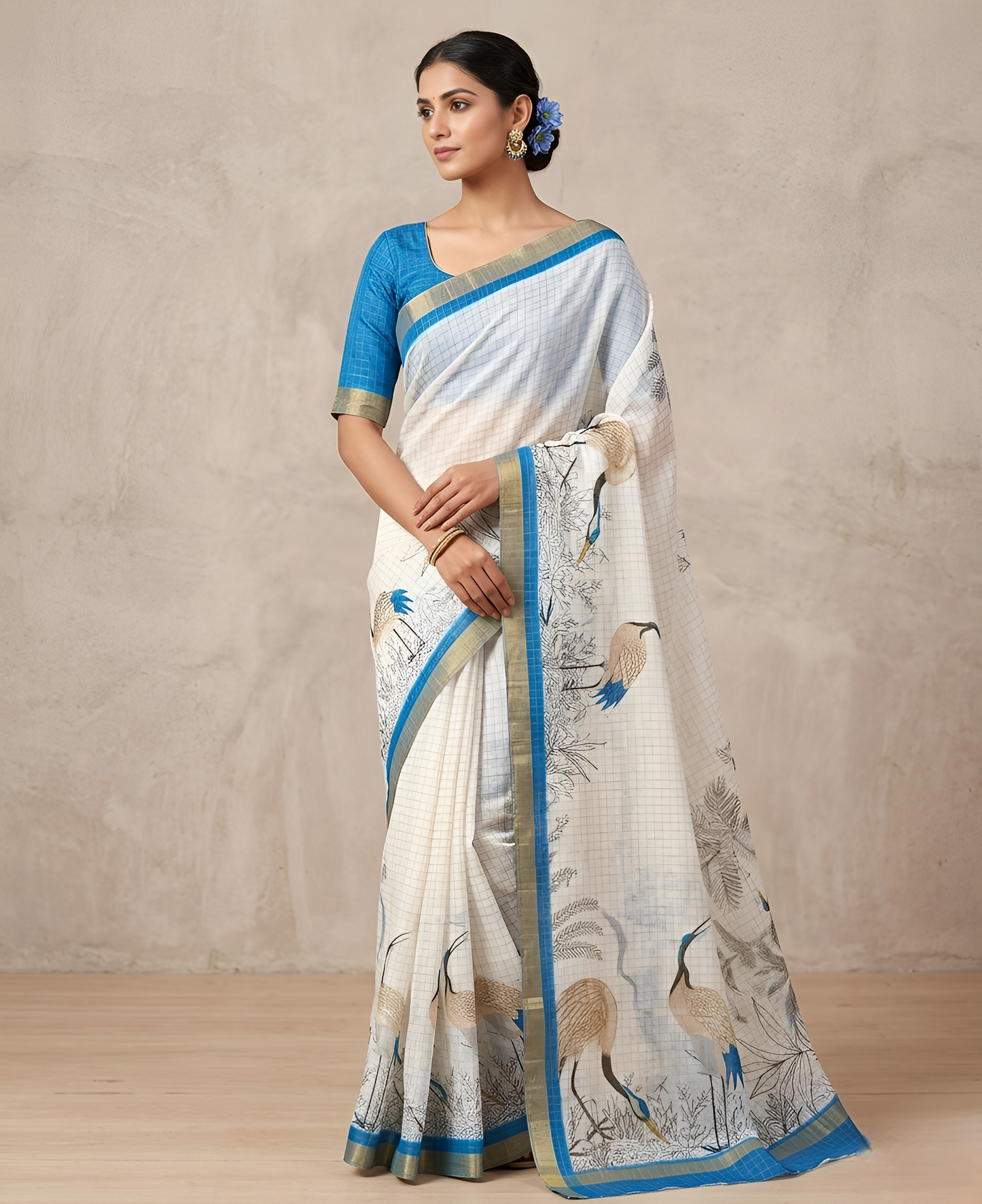 Pure Linen Zari Chex Weaving Duck Print Saree (Off-white & Blue)