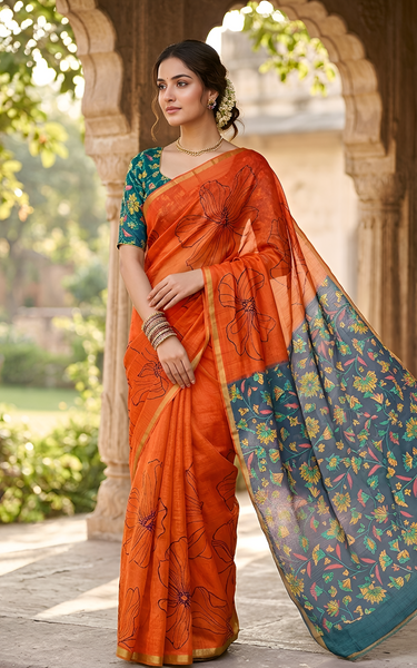 Kalamkari Printed Chanderi Linen Saree with Weaving Border (Orange)