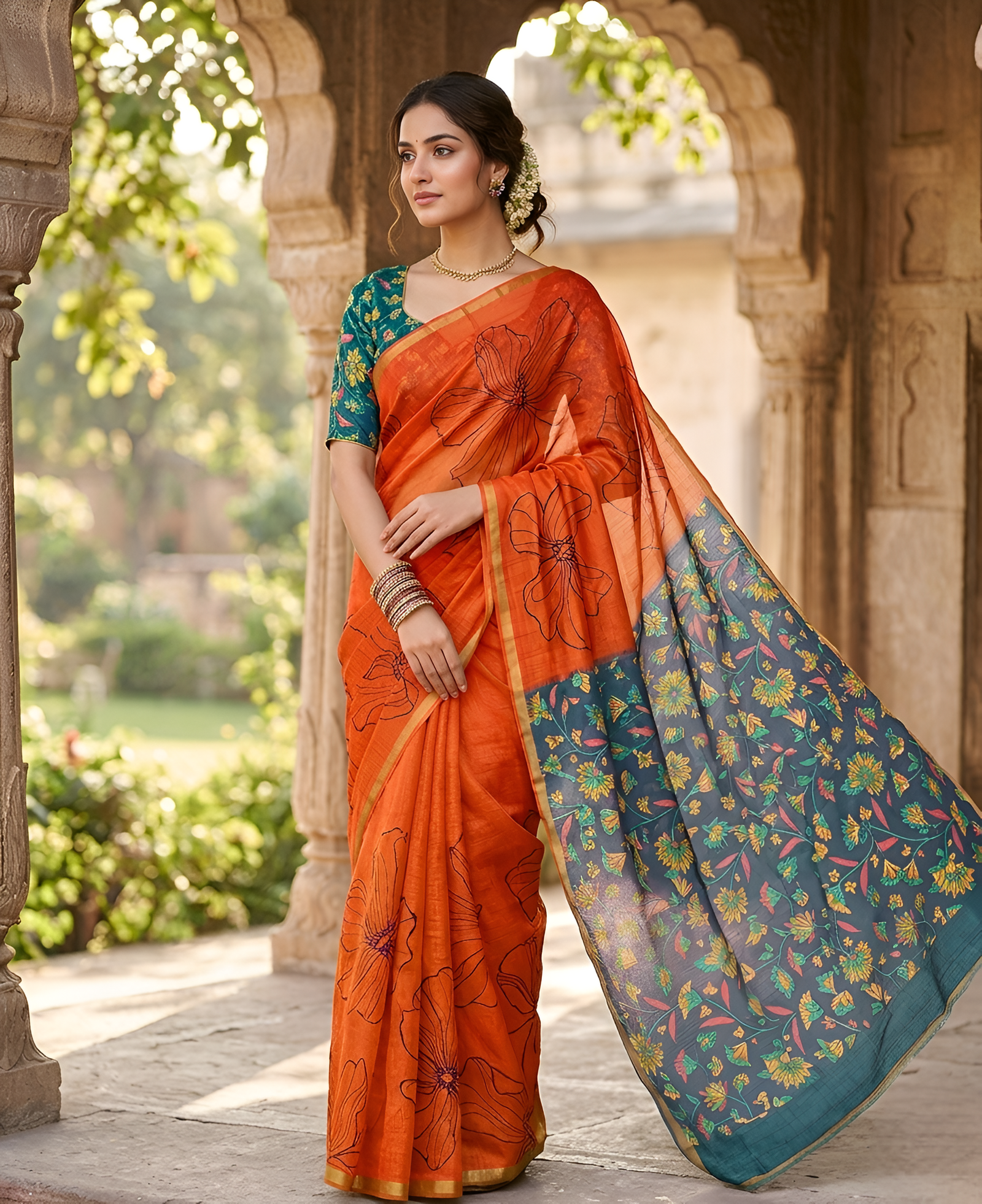 Kalamkari Printed Chanderi Linen Saree with Weaving Border (Orange)