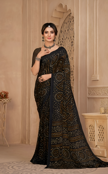 Georgette Bandhani Print Saree Black Festive Ethnic Wear with Blouse Piece