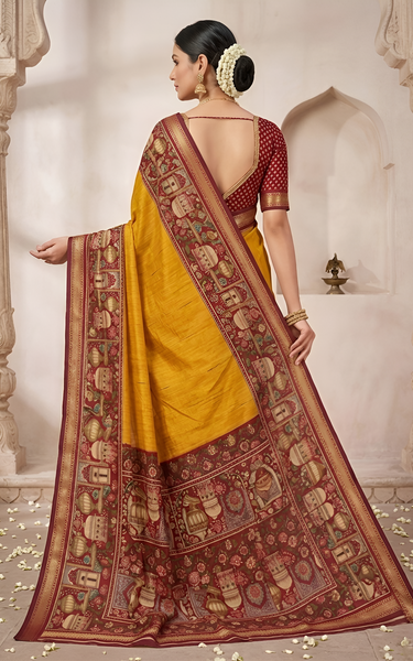 Temple Printed Soft Mul Cotton Saree with Zari Border (Yellow)