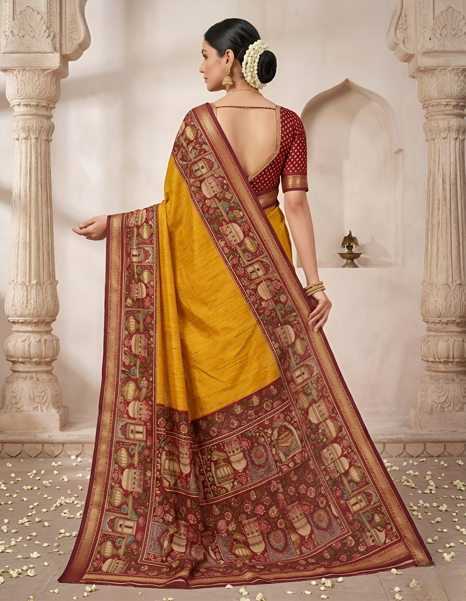 Temple Printed Soft Mul Cotton Saree with Zari Border (Yellow)