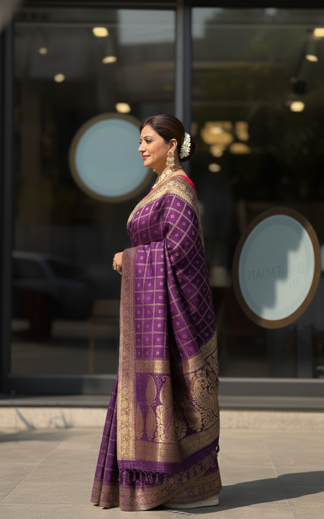 Indoniq Fashion's Banarasi Art Silk Weaving Saree with contrast Ready Patola Blouse