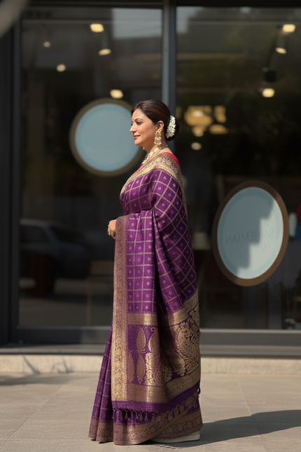 Indoniq Fashion's Banarasi Art Silk Weaving Saree with contrast Ready Patola Blouse