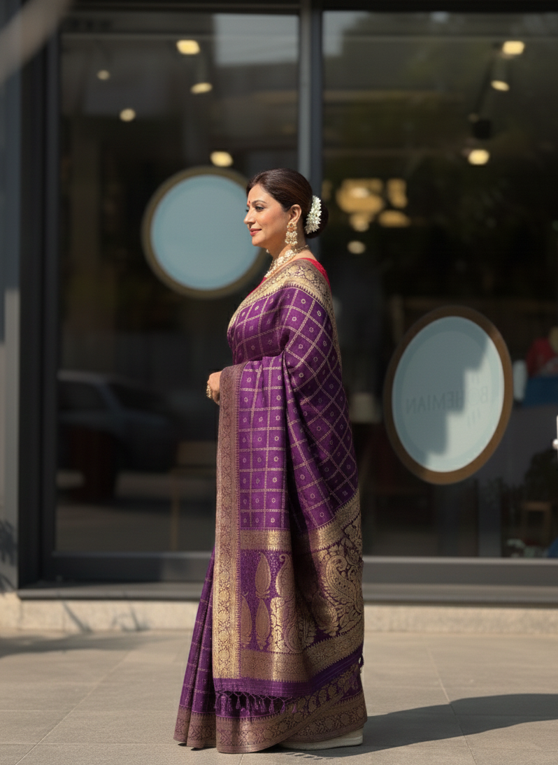 Indoniq Fashion's Banarasi Art Silk Weaving Saree with contrast Ready Patola Blouse