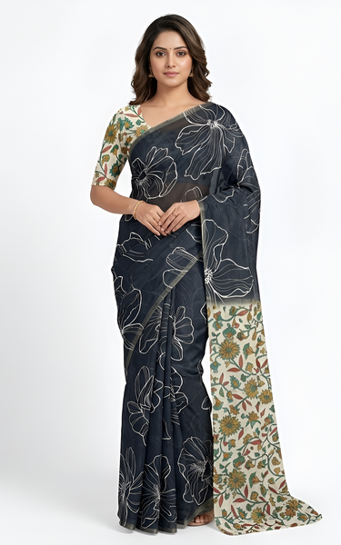 Kalamkari Printed Chanderi Linen Saree with Weaving Border (Black)