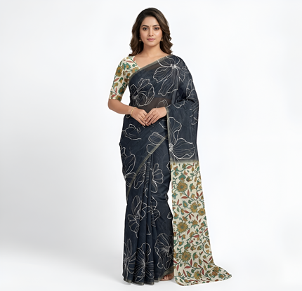 Kalamkari Printed Chanderi Linen Saree with Weaving Border (Black)
