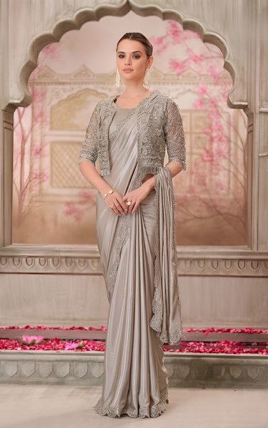 Pearl Grey Shimmer Satin Silk Saree with Jacket Net Blouse