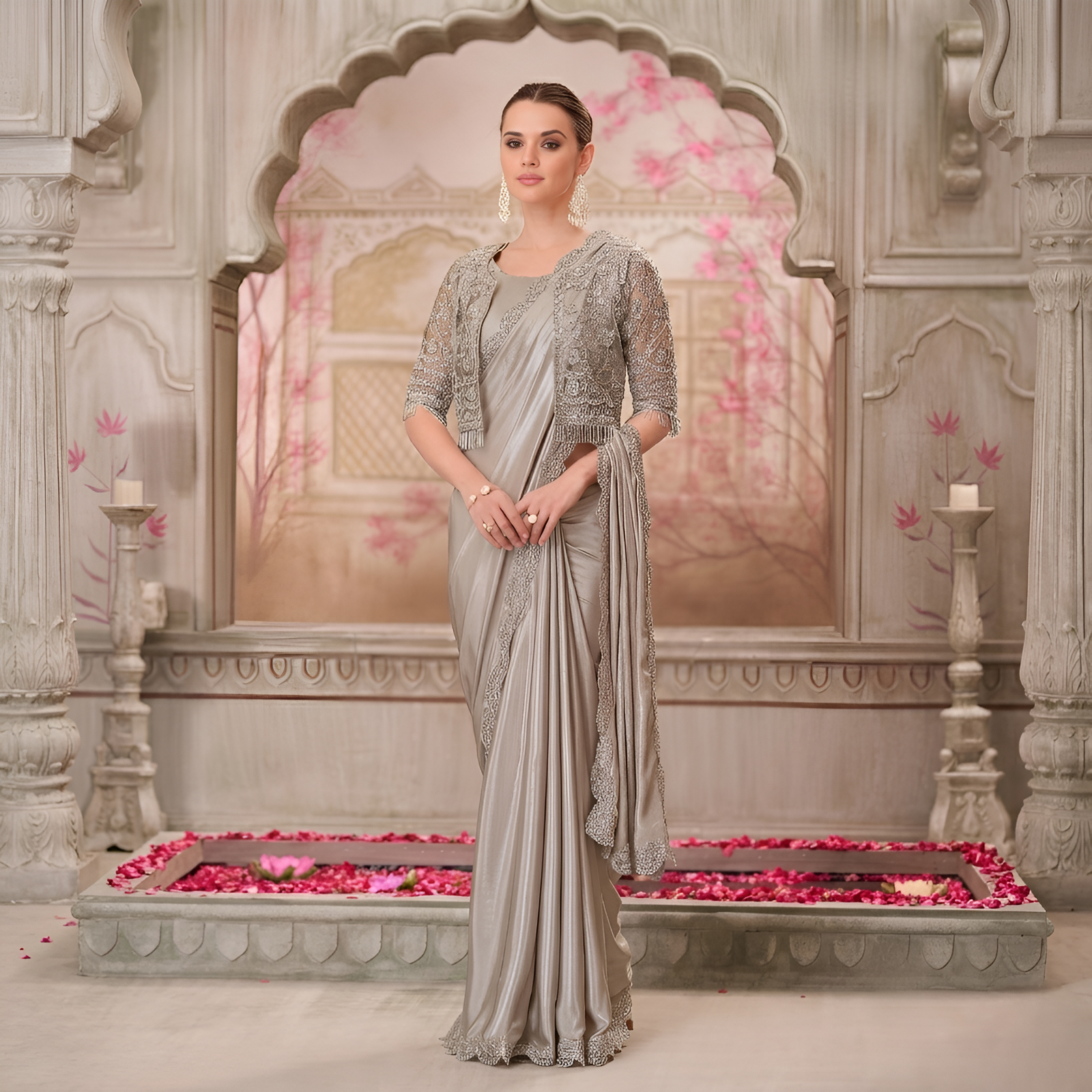 Pearl Grey Shimmer Satin Silk Saree with Jacket Net Blouse