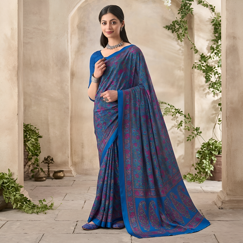 Italian Crepe Multi Print Saree Blue Casual Daily Wear with Blouse Piece