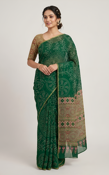 Ajrakh Kalamkari Zari Border Chanderi Saree (Emerald Green)