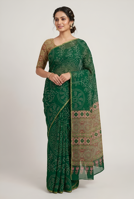 Ajrakh Kalamkari Zari Border Chanderi Saree (Emerald Green)