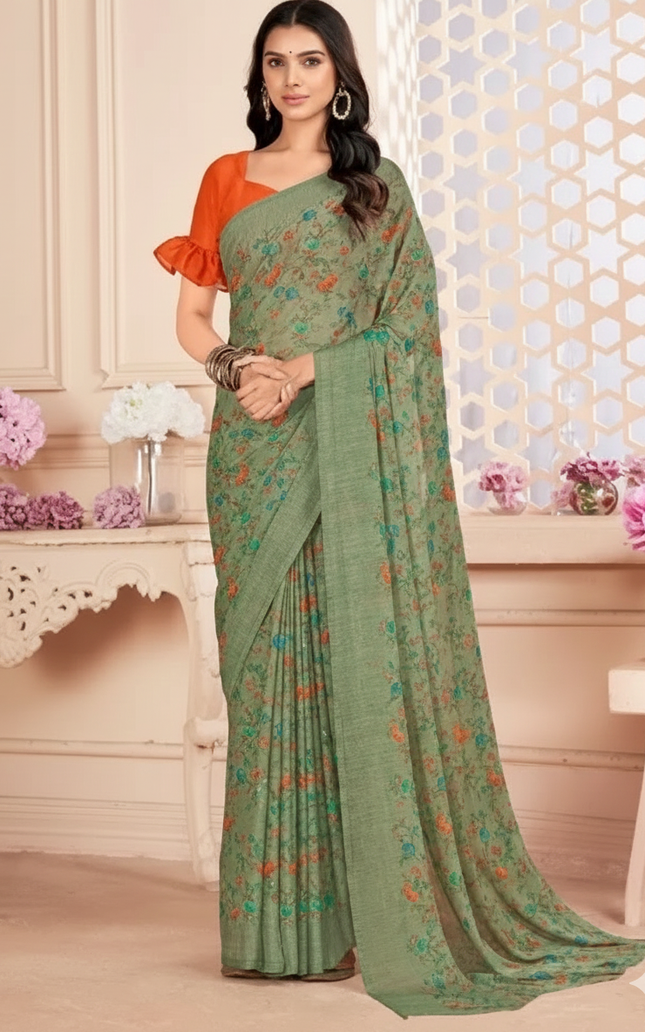 Floral Print, Graphic Print Kalamkari Chiffon, Georgette Saree (Olive Green)