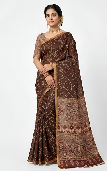 Ajrakh Kalamkari Zari Border Chanderi Saree (Brown)