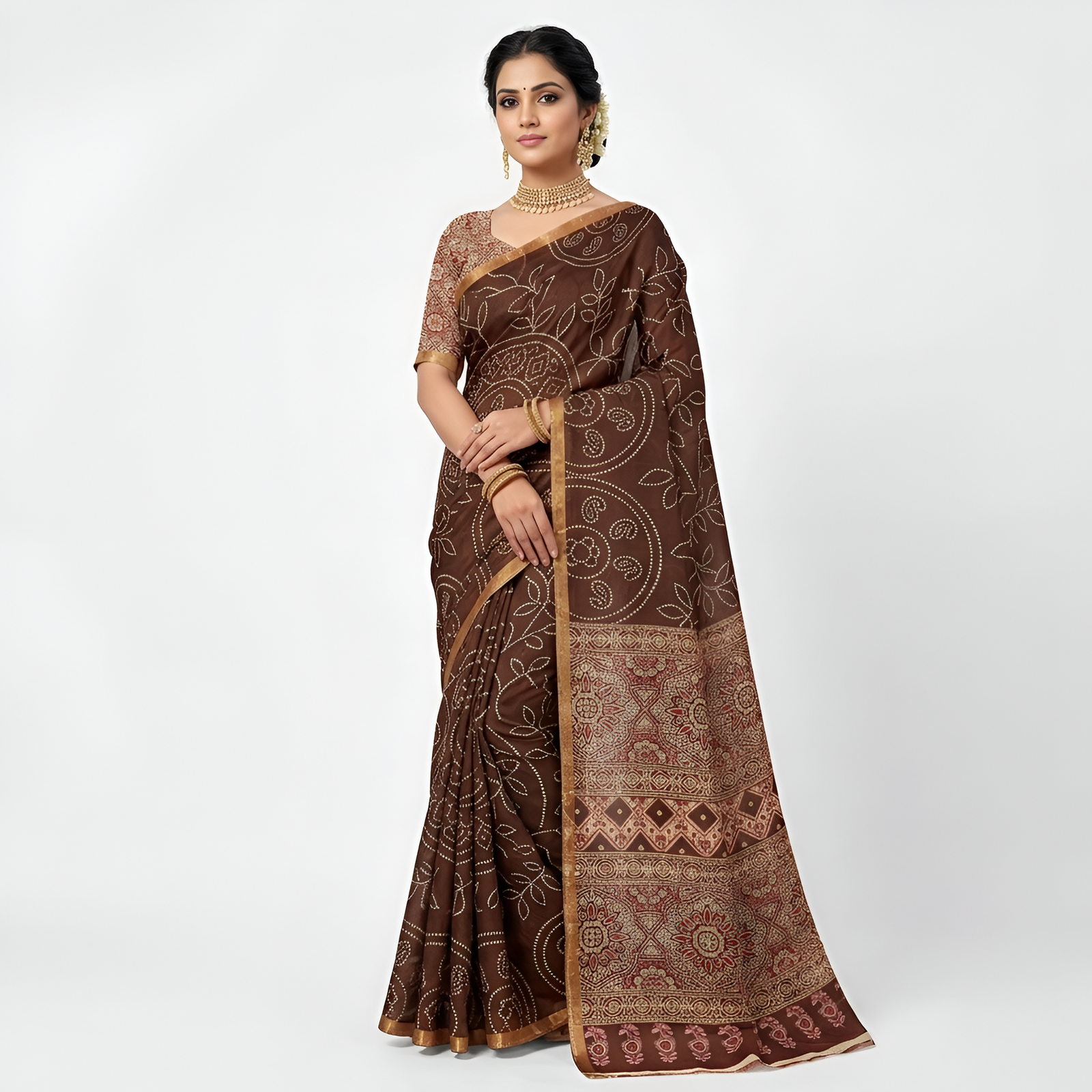 Ajrakh Kalamkari Zari Border Chanderi Saree (Brown)