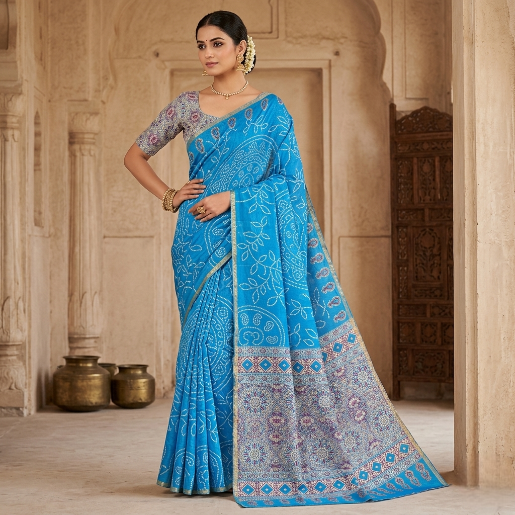 Ajrakh Kalamkari Zari Border Chanderi Saree (Sky Blue)