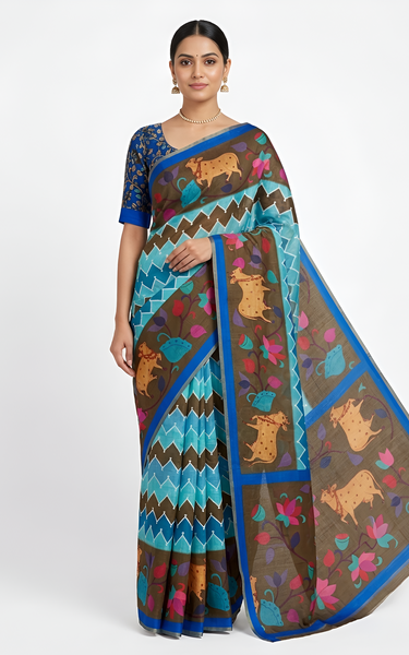 Kazari Print Linen Zari Border Saree (Brown Multicolor)