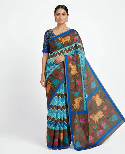 Kazari Print Linen Zari Border Saree (Brown Multicolor)