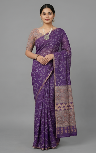Ajrakh Kalamkari Zari Border Chanderi Saree (Purple)