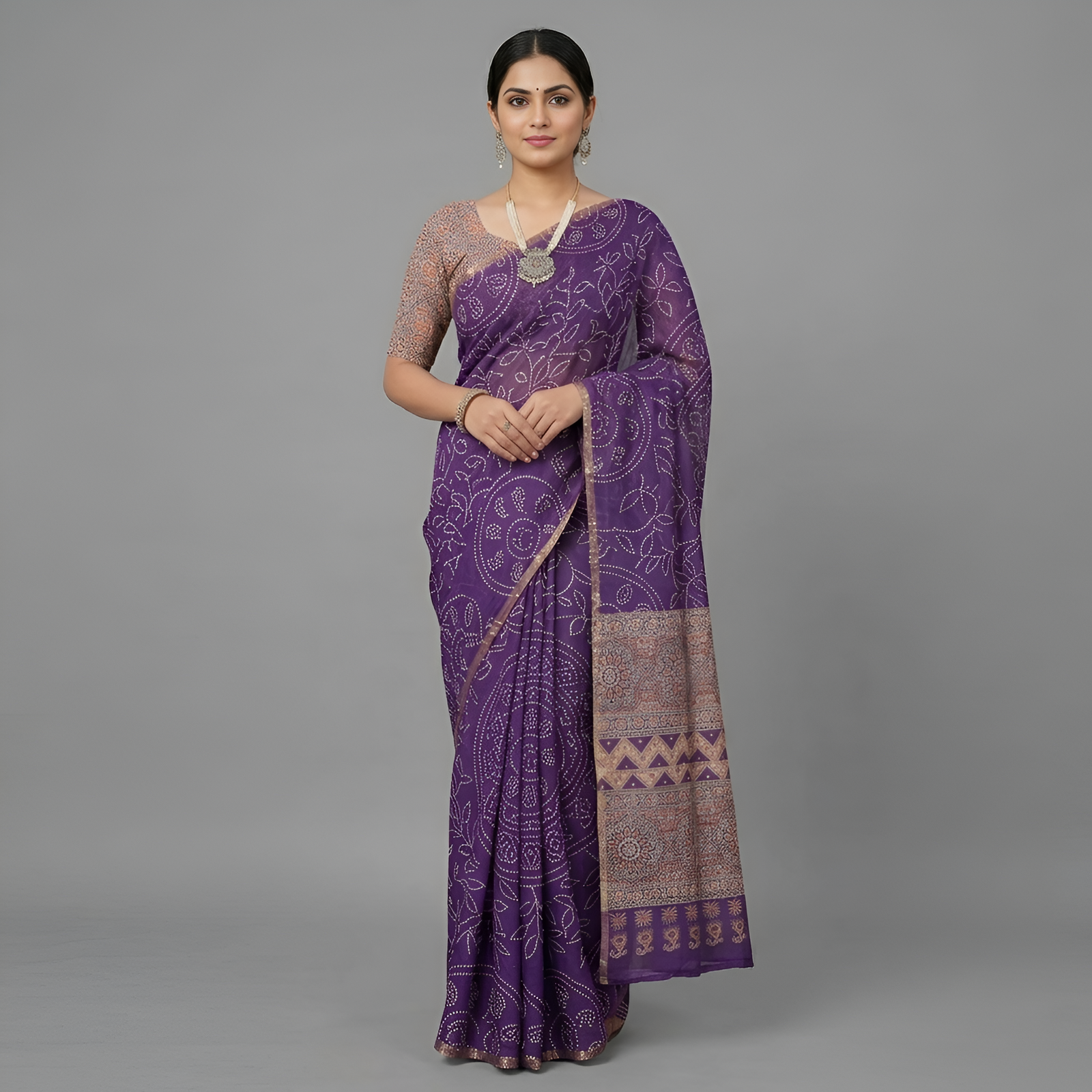 Ajrakh Kalamkari Zari Border Chanderi Saree (Purple)