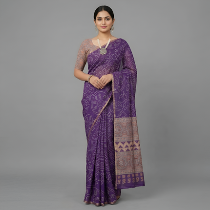 Ajrakh Kalamkari Zari Border Chanderi Saree (Purple)