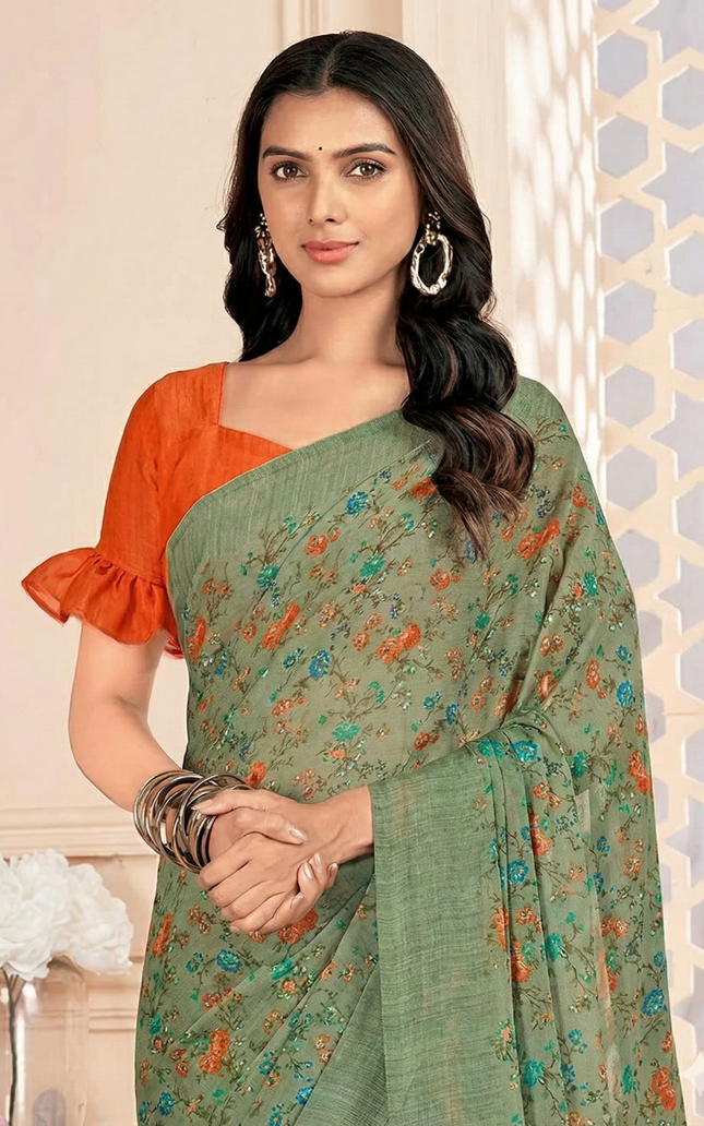 Floral Print, Graphic Print Kalamkari Chiffon, Georgette Saree (Olive Green)