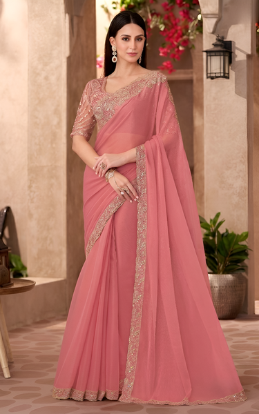 Peach Georgette Saree with Designer Georgette Work Blouse