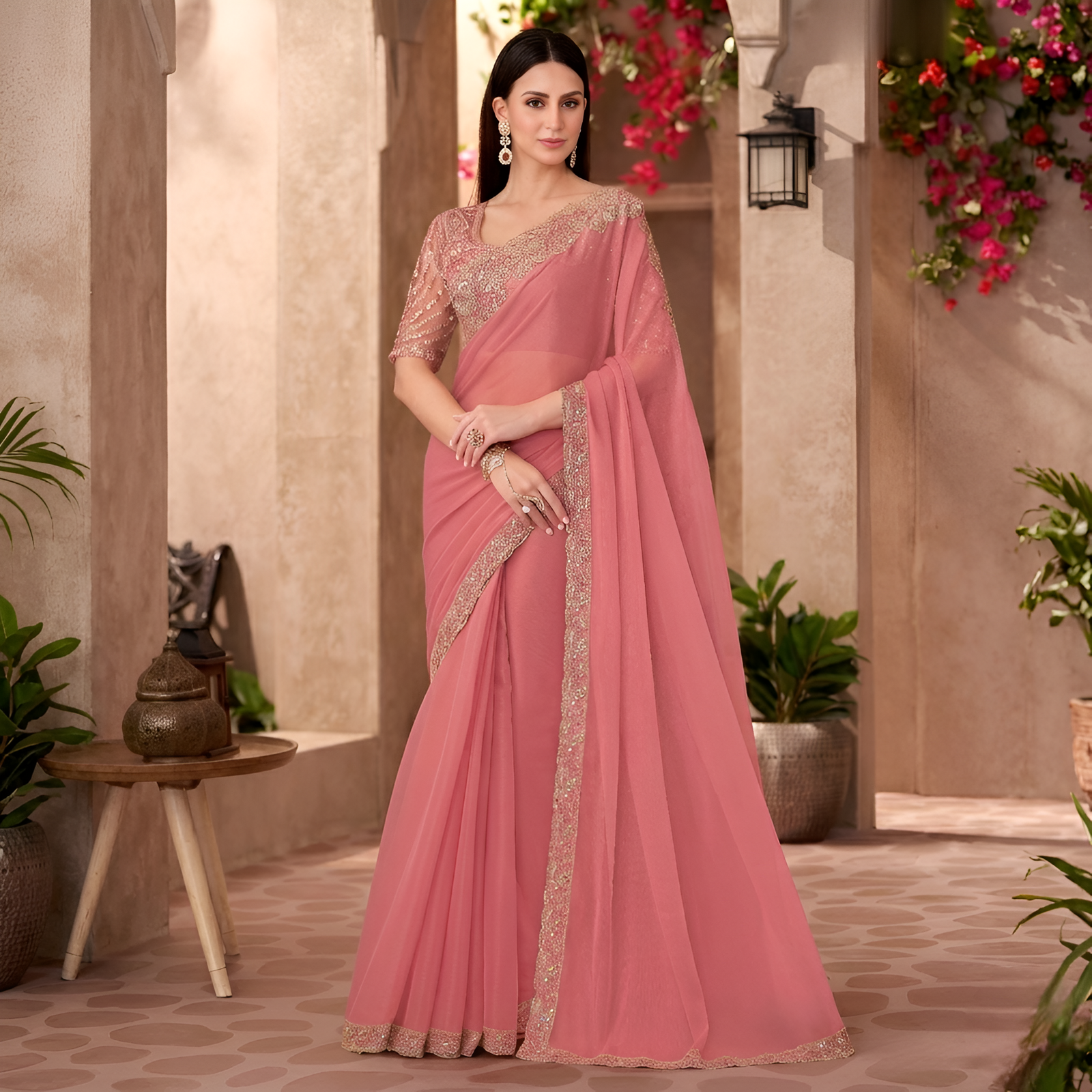 Peach Georgette Saree with Designer Georgette Work Blouse