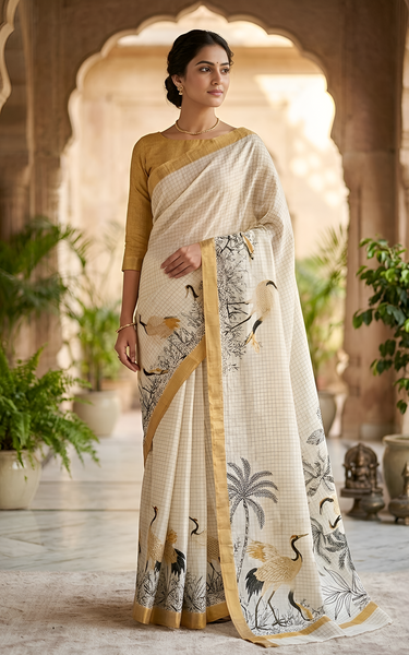 Pure Linen Zari Chex Weaving Duck Print Saree (Off-white & Golden)