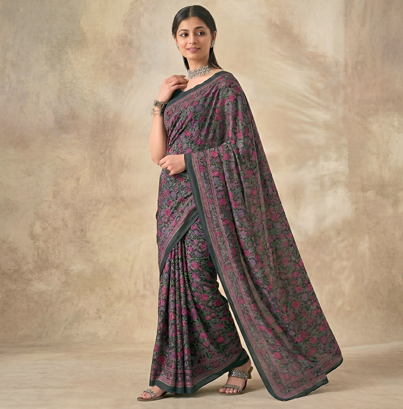 Flower Multi-Coloured Printed, Pure Italian Crape Saree (Rust)