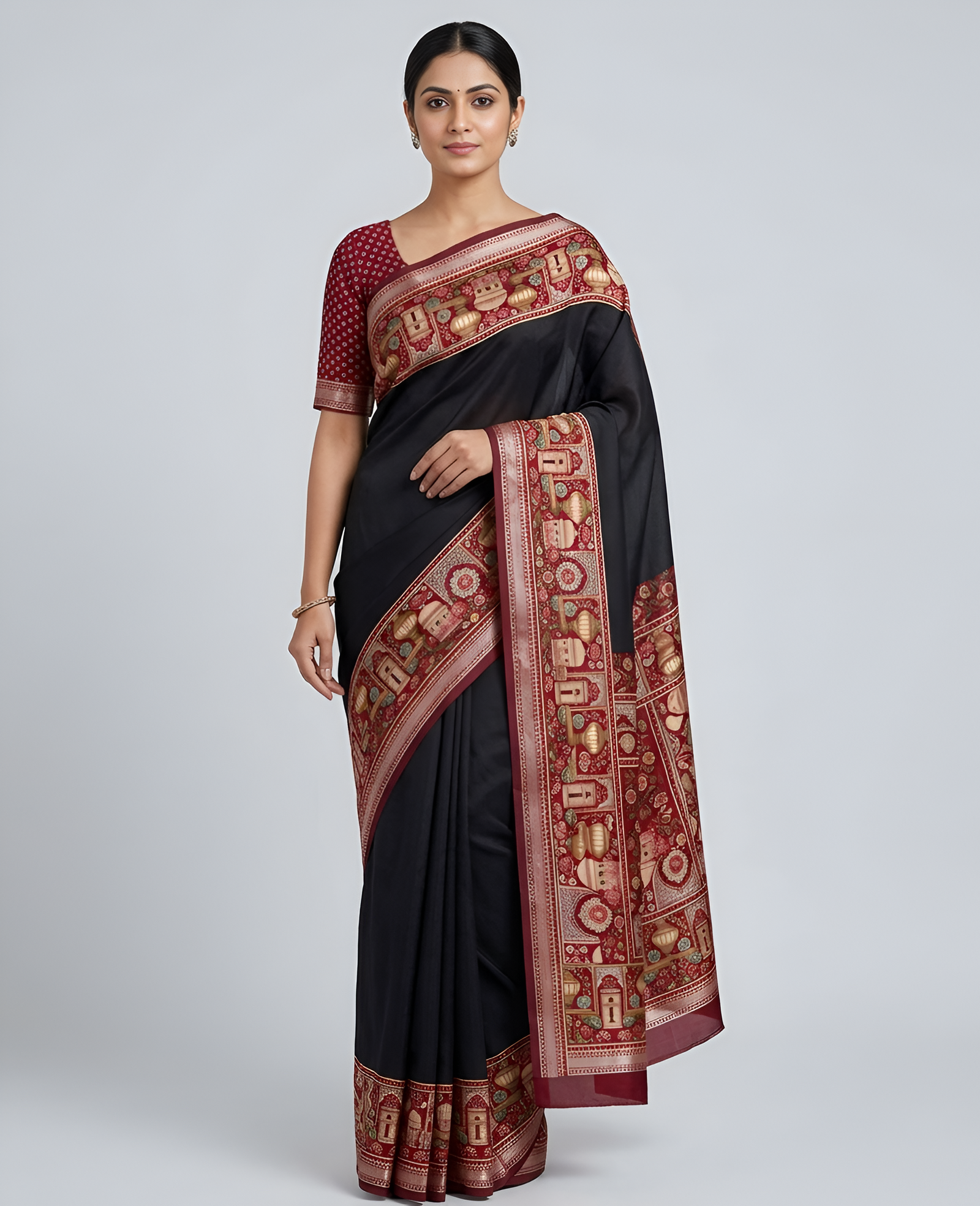 Temple Printed Soft Mul Cotton Saree with Zari Border (Black)