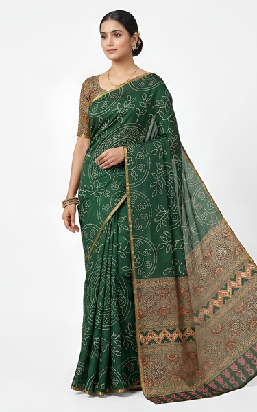 Ajrakh Kalamkari Zari Border Chanderi Saree (Dark Green)