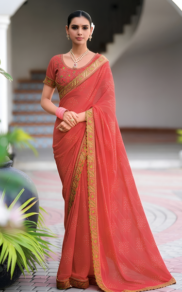 Georgette Saree with Embroidered border & Blouse (Brick Red)