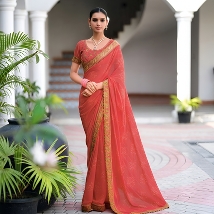Georgette Saree with Embroidered border & Blouse (Brick Red)