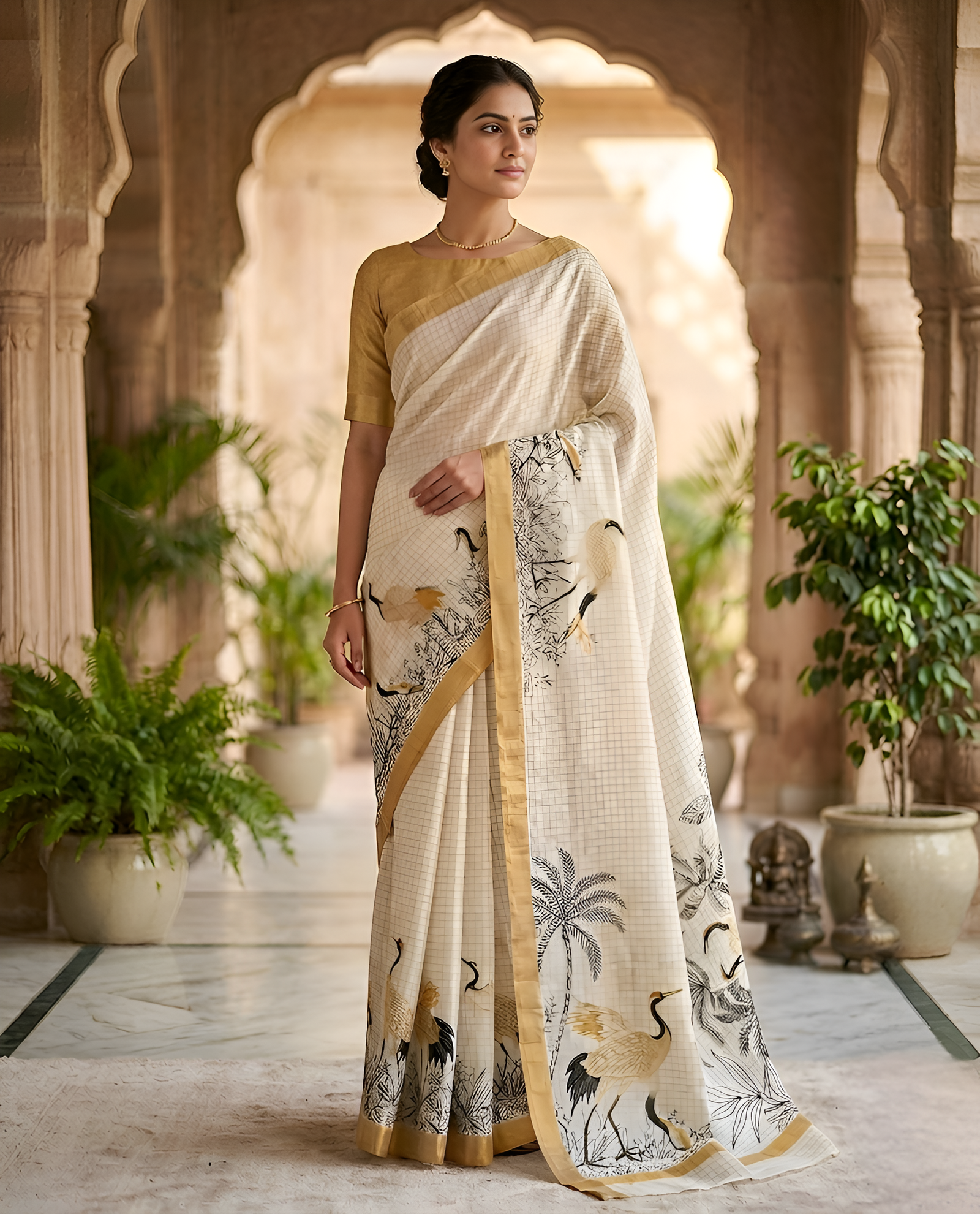 Pure Linen Zari Chex Weaving Duck Print Saree (Off-white & Golden)