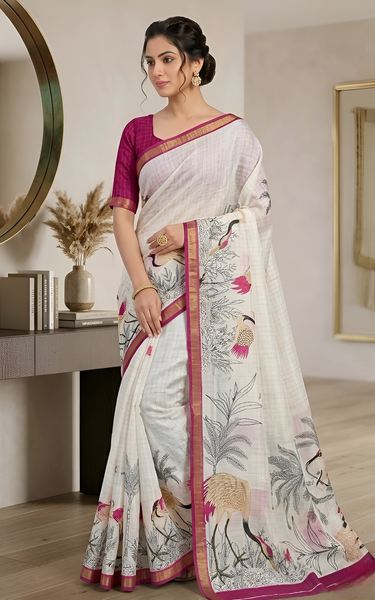 Pure Linen Zari Chex Weaving Duck Print Saree (Off-white & Pink)