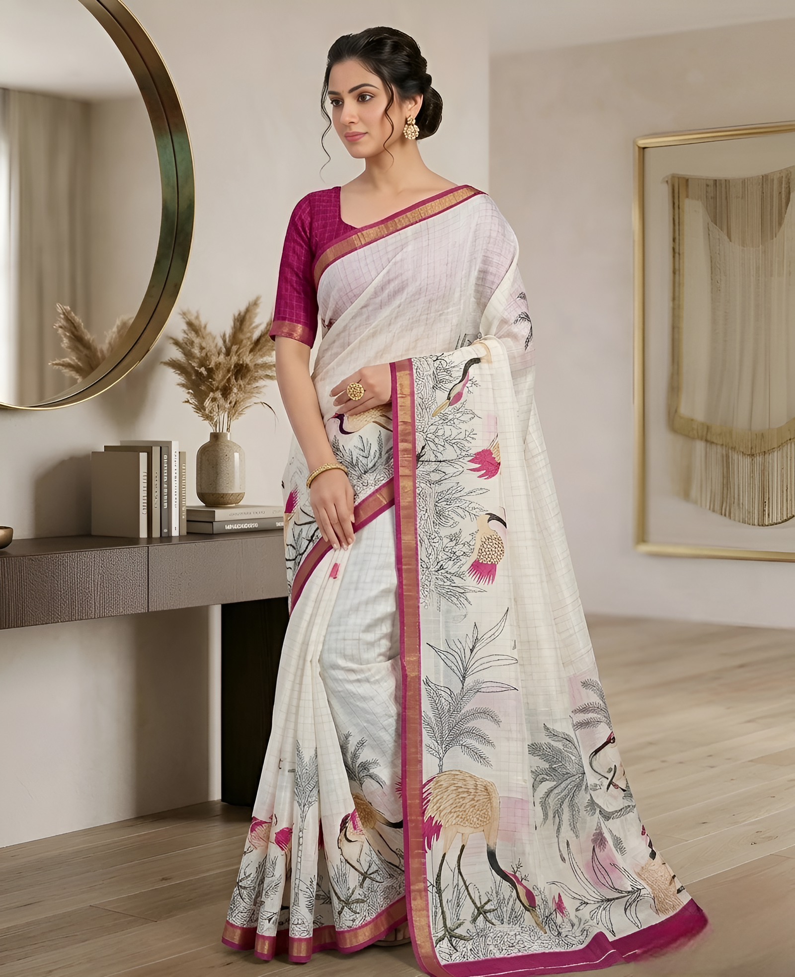 Pure Linen Zari Chex Weaving Duck Print Saree (Off-white & Pink)