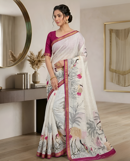 Pure Linen Zari Chex Weaving Duck Print Saree (Off-white & Pink)